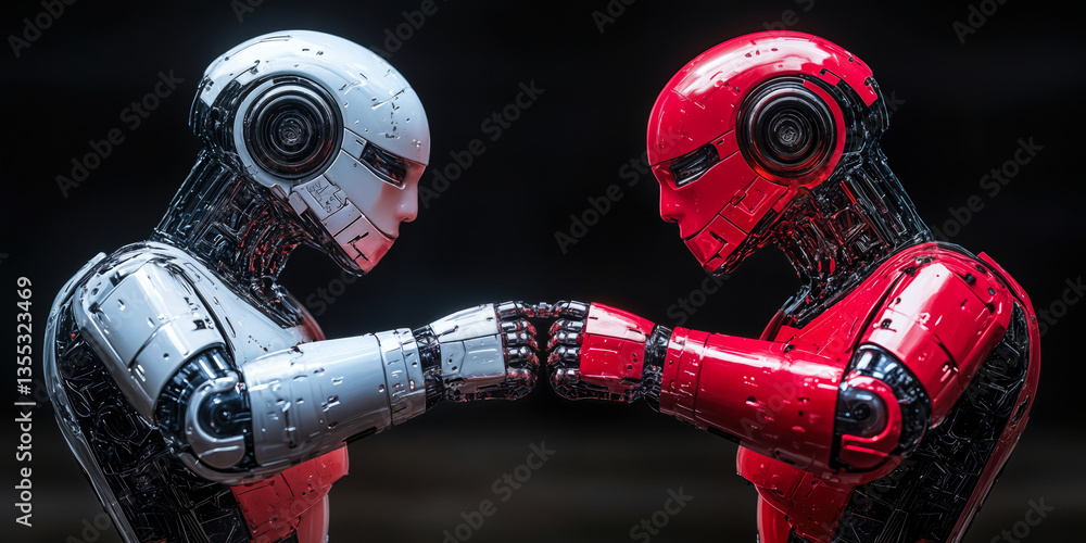Poster robotic fist bump with red and white androids in symbolic technology duel