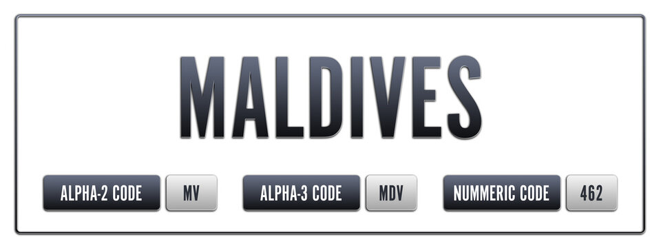 Maldives. Illustration with ISO 3166-1 Country Code.  ISO Alpha-2, Alpha-3 and Numeric code. Two three letters and numbers.