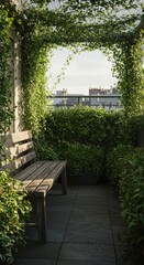 Obraz premium Serene Rooftop Garden Oasis: Wooden Bench Amidst Lush Greenery