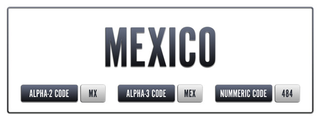Mexico. Illustration with ISO 3166-1 Country Code.  ISO Alpha-2, Alpha-3 and Numeric code. Two three letters and numbers.