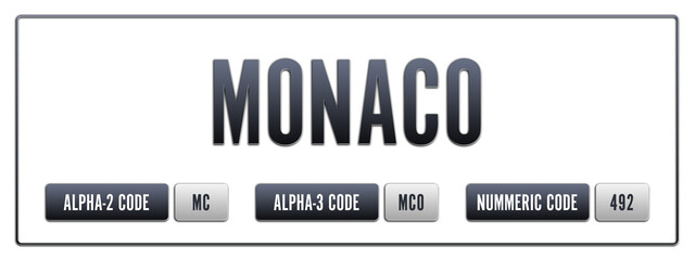 Monaco. Illustration with ISO 3166-1 Country Code.  ISO Alpha-2, Alpha-3 and Numeric code. Two three letters and numbers.