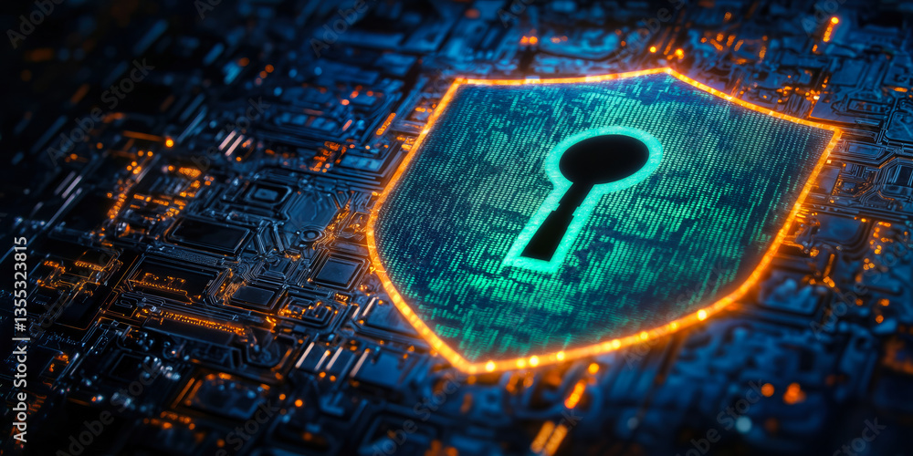 Poster digital shield and keyhole symbolizing cybersecurity in 3d rendering with circuitry background