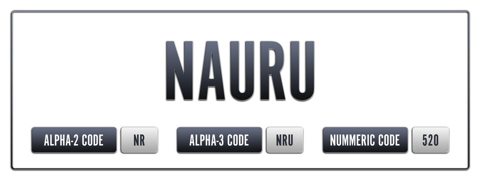 Nauru. Illustration with ISO 3166-1 Country Code.  ISO Alpha-2, Alpha-3 and Numeric code. Two three letters and numbers.