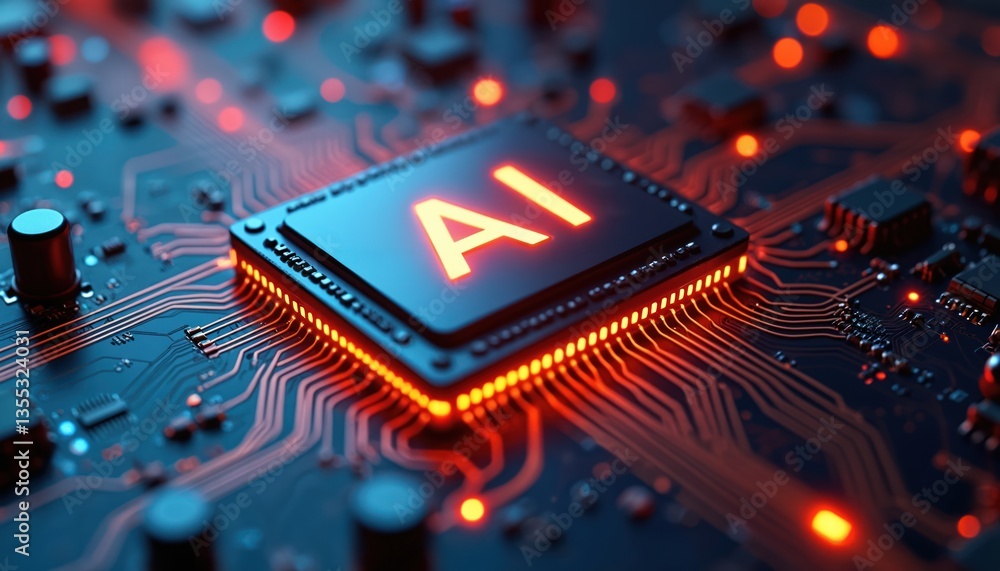 Poster Computer chip with AI inscription on circuit board. Artificial intelligence and machine learning concept. Tech, digital, cyberspace, innovation in business and data processing.