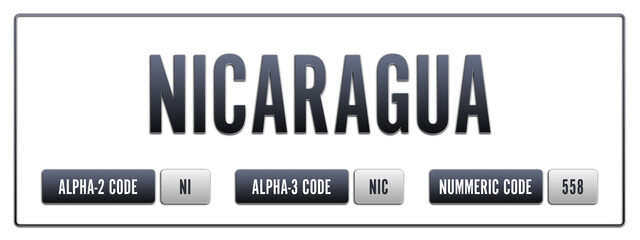 Nicaragua. Illustration with ISO 3166-1 Country Code.  ISO Alpha-2, Alpha-3 and Numeric code. Two three letters and numbers.