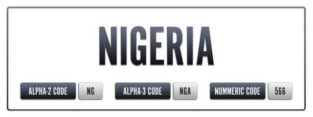 Nigeria. Illustration with ISO 3166-1 Country Code.  ISO Alpha-2, Alpha-3 and Numeric code. Two three letters and numbers.