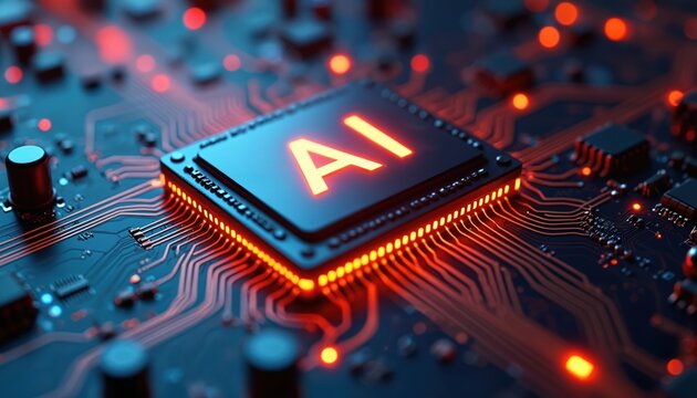Computer chip with AI inscription on circuit board. Artificial intelligence and machine learning concept. Tech, digital, cyberspace, innovation in business and data processing. - Powered by Adobe