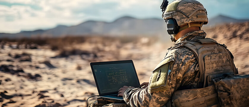 An Army soldier uses a laptop computer and radio to track a target during a military operation in the desert