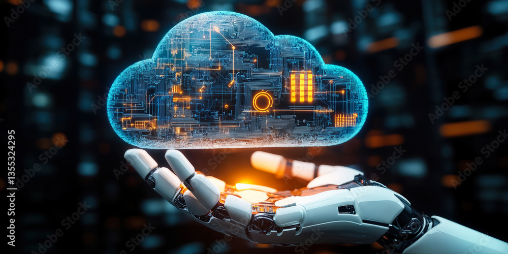 Poster futuristic robotic hand holding glowing cloud computing symbol with digital circuit design in 3d ren