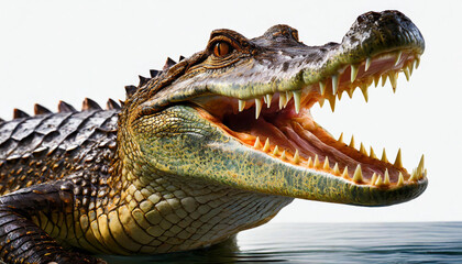 Obraz premium Crocodile with its mouth open, showing its teeth, white background. AI