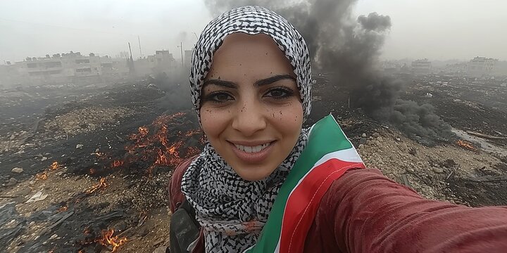 A woman smiles for a selfie amidst burning debris and smoke-filled air, showcasing a stark contrast between her cheerful demeanor and the desolate landscape
