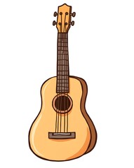 Naklejka premium Minimalist illustration of a guitar with a light brown body, dark accents, and six tuning pegs.