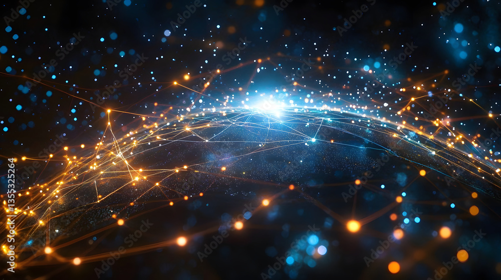 Poster a digital globe with glowing network lines and nodes in space. stock photo.