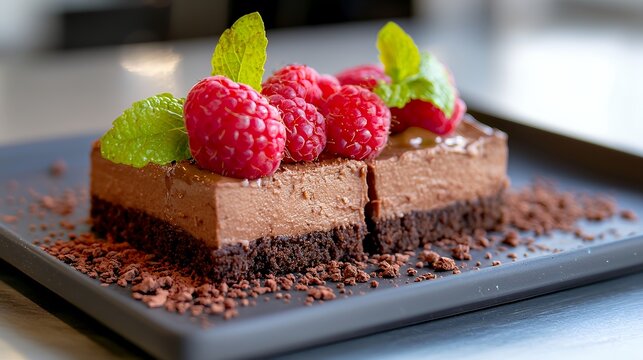 Chocolate Dessert with Fresh Raspberries and Mint on a Plate