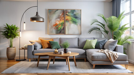 Cozy Modern Living Room with Gray Sectional Sofa, Wooden Coffee Table, and Abstract Wall Art – Warm and Inviting Interior Design