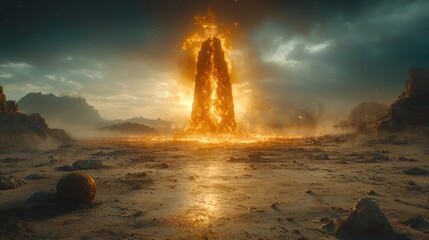 Fiery, towering structure dominates desolate, rocky landscape under dramatic, stormy sky
