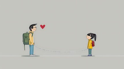 Young boy and girl share a sweet moment of connection with backpacks on a gray background Generative AI