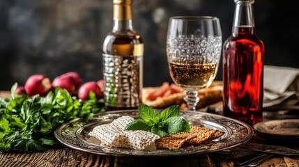 Fototapeta premium Elegant Passover Table Setting with Traditional Plate and Bottle for a Joyous Jewish Celebration