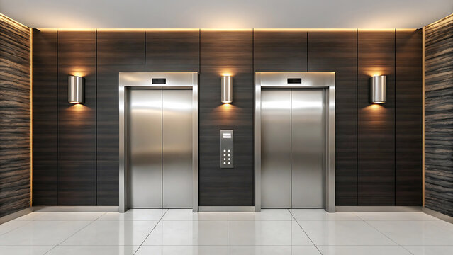 Modern elevator lobby with stainless steel doors and wood paneling