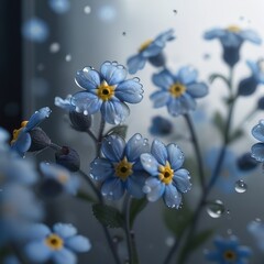 Powder-blue forget-me-nots with frosted glass effect, wispy motion blur, minimalist floral texture, cool-toned dreamy ambiance.