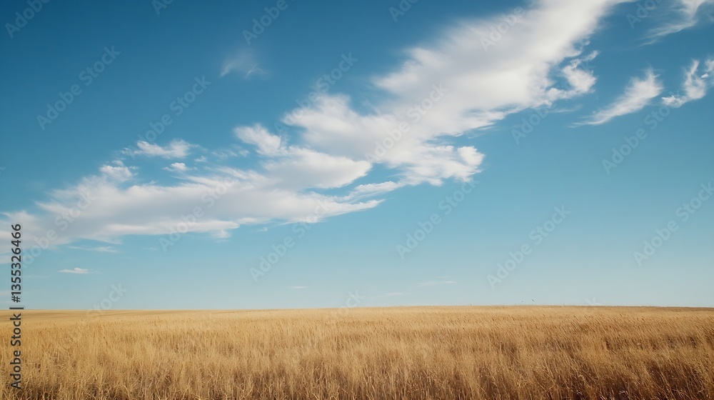 Poster golden wheat field under blue sky with wispy clouds in a serene landscape : generative ai