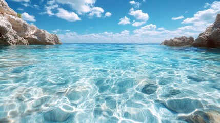 Fototapeta premium Crystal-clear turquoise water, sun-drenched rocks and sky. Tranquil beach scene