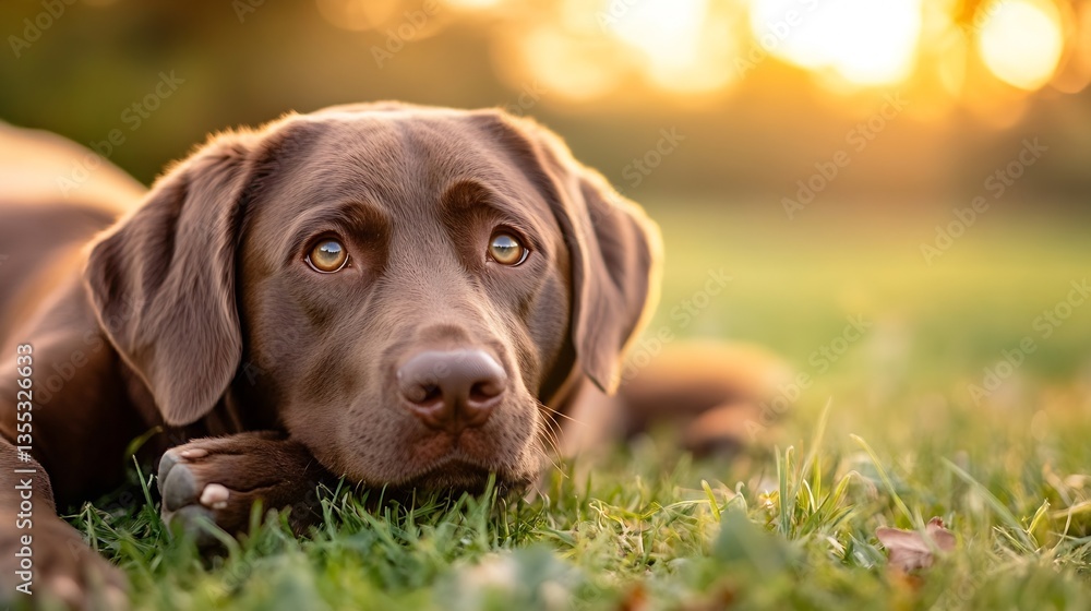 Poster labrador dog lying on the grass while enjoying the warm sunset light : generative ai