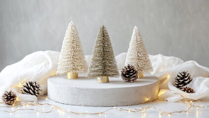 Three small, decorative Christmas trees on a round concrete pedestal, adorned with pinecones and fairy lights, nestled amidst a soft white fabric backdrop