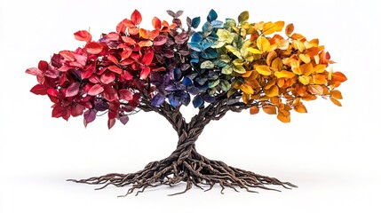 "A Symbolic Family Tree with Roots Intertwining and Forming a Strong Trunk, with Vibrant Leaves in Various Colors Representing the Uniqueness of Every Family Unit