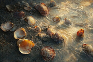 Vintage polaroid photos and shells on a sunlit towel. Great for nostalgic summer vacations, storytelling, beach memories, and creative travel flatlays.