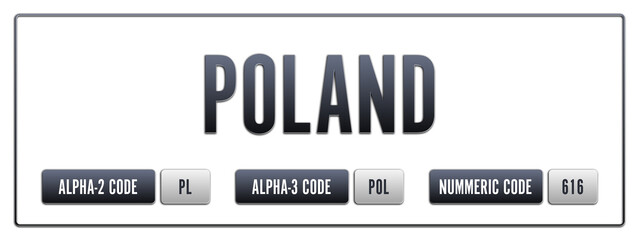 Poland. Illustration with ISO 3166-1 Country Code.  ISO Alpha-2, Alpha-3 and Numeric code. Two three letters and numbers.