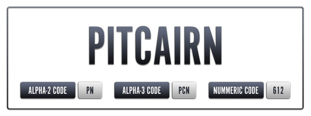 Pitcairn. Illustration with ISO 3166-1 Country Code.  ISO Alpha-2, Alpha-3 and Numeric code. Two three letters and numbers.