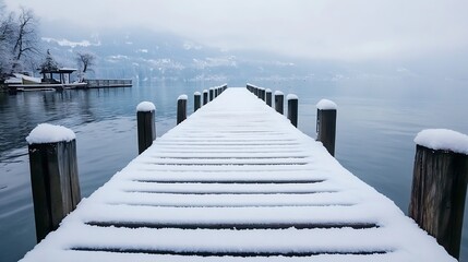 Scenic winter view of a snowy dock leading into a serene calm lake surrounded by mountains : Generative AI
