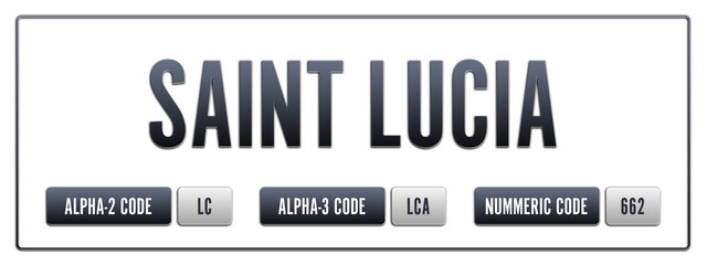 Saint Lucia. Illustration with ISO 3166-1 Country Code.  ISO Alpha-2, Alpha-3 and Numeric code. Two three letters and numbers.