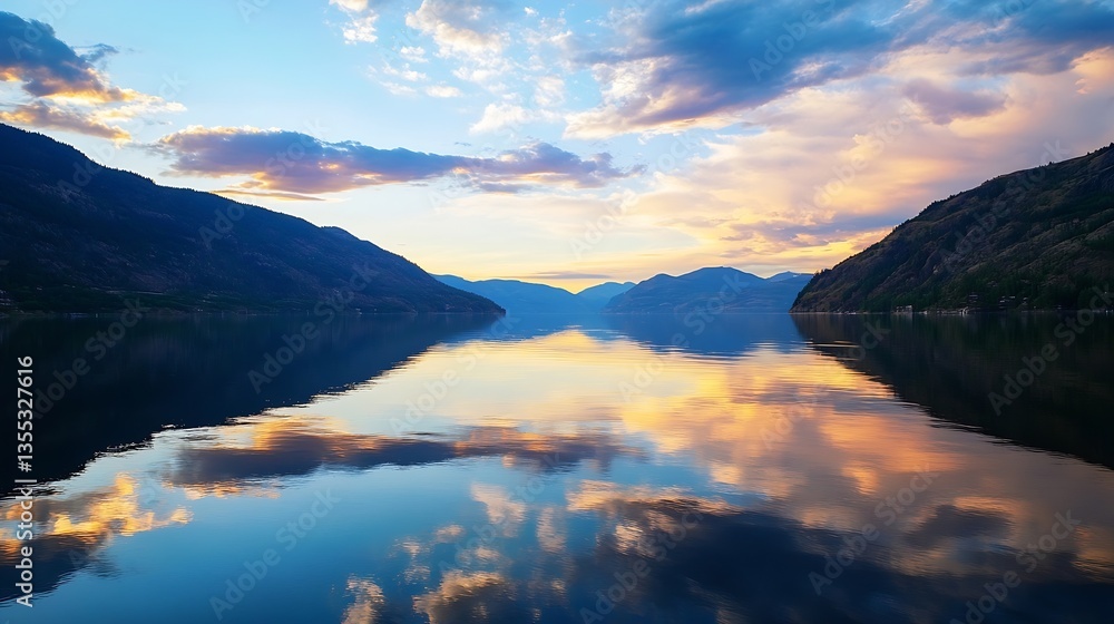 Poster stunning reflection of mountains and clouds in a calm lake during twilight creating a serene view : 
