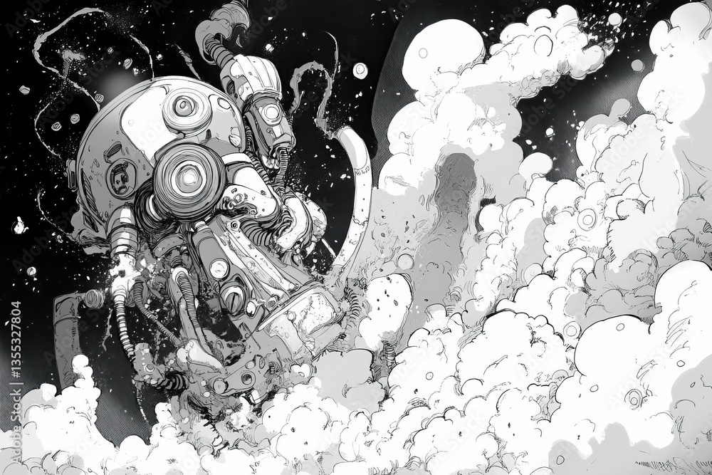 Poster sci-fi machine rises through clouds in space