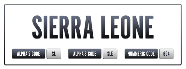 Sierra Leone. Illustration with ISO 3166-1 Country Code.  ISO Alpha-2, Alpha-3 and Numeric code. Two three letters and numbers.