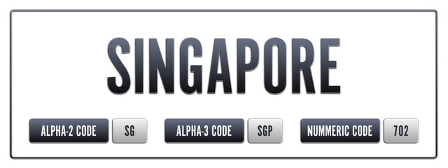 Singapore. Illustration with ISO 3166-1 Country Code.  ISO Alpha-2, Alpha-3 and Numeric code. Two three letters and numbers.