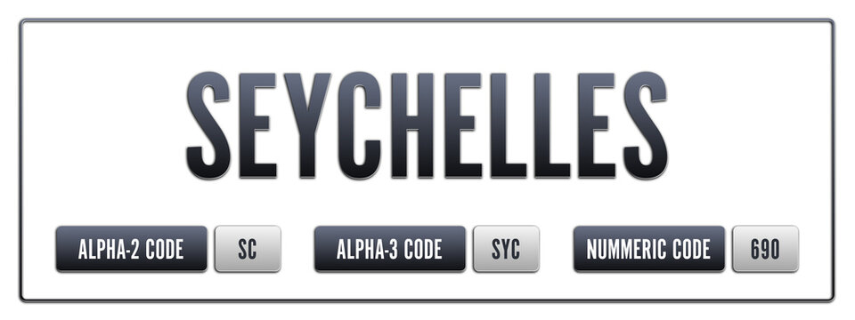Seychelles. Illustration with ISO 3166-1 Country Code.  ISO Alpha-2, Alpha-3 and Numeric code. Two three letters and numbers.