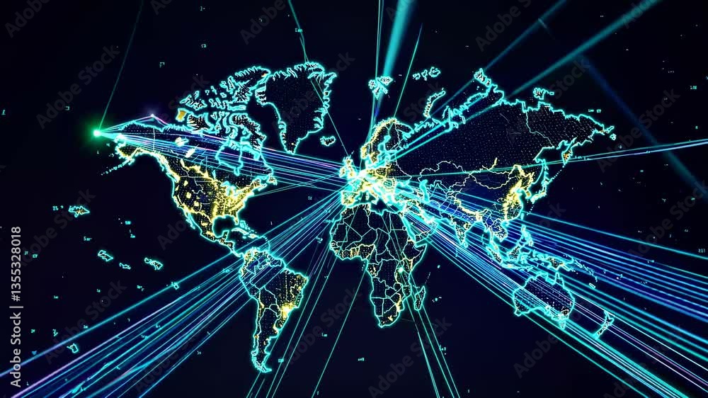 Poster futuristic world map with glowing lines and data points, viewed from a high-angle perspective, resem