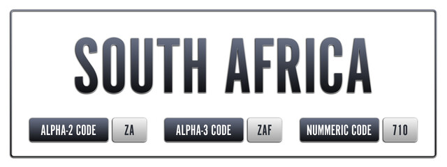 South Africa. Illustration with ISO 3166-1 Country Code.  ISO Alpha-2, Alpha-3 and Numeric code. Two three letters and numbers.