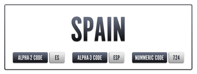Spain. Illustration with ISO 3166-1 Country Code.  ISO Alpha-2, Alpha-3 and Numeric code. Two three letters and numbers.
