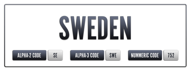 Sweden. Illustration with ISO 3166-1 Country Code.  ISO Alpha-2, Alpha-3 and Numeric code. Two three letters and numbers.