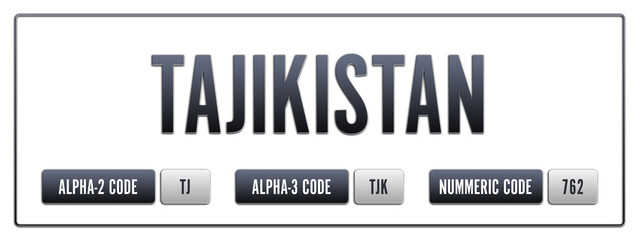 Tajikistan. Illustration with ISO 3166-1 Country Code.  ISO Alpha-2, Alpha-3 and Numeric code. Two three letters and numbers.