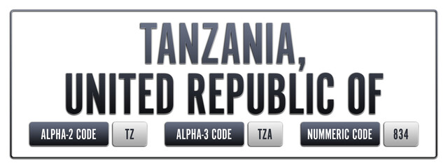 Tanzania, United Republic of. Illustration with ISO 3166-1 Country Code.  ISO Alpha-2, Alpha-3 and Numeric code. Two three letters and numbers.