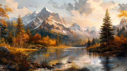 Fototapeta premium Autumn Mountain Scene with Crystal-Clear River and Trees 