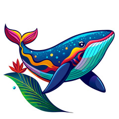 Fototapeta premium Colorful fantasy whale illustration with vibrant abstract marine elements. Transparent background.
