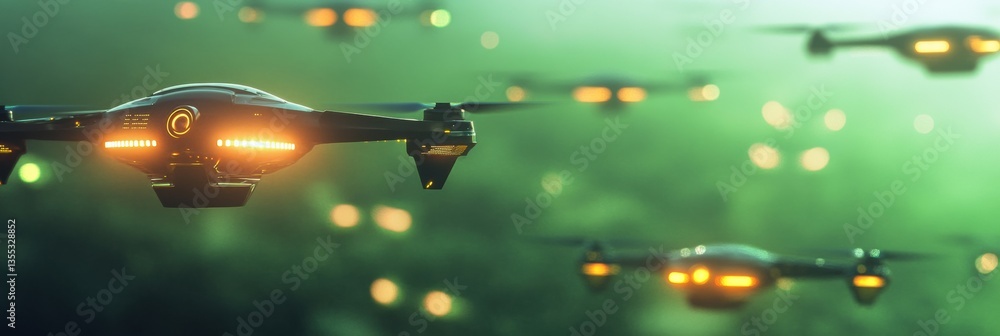 Poster Futuristic drones scan crops in a green agricultural field using advanced digital sensors for modern farming techniques