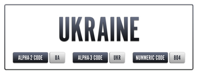 Ukraine. Illustration with ISO 3166-1 Country Code.  ISO Alpha-2, Alpha-3 and Numeric code. Two three letters and numbers.