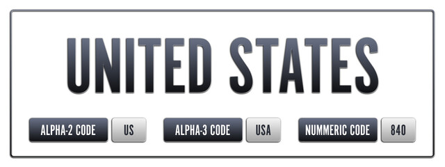 United States. Illustration with ISO 3166-1 Country Code.  ISO Alpha-2, Alpha-3 and Numeric code. Two three letters and numbers.